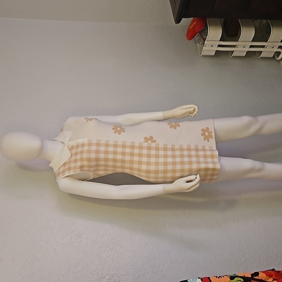 LE LIS Cream Tan Check Floral Mod Sleeveless Sweater Mini Bodycon Micro Dress - Picture 2 of 9